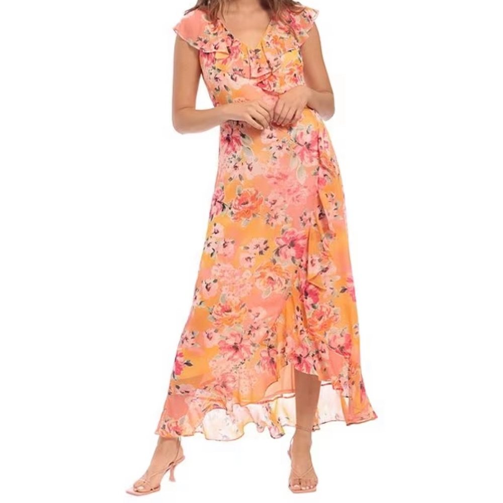 Floral Print V-Neck Ruffled Faux Wrap Maxi Dress